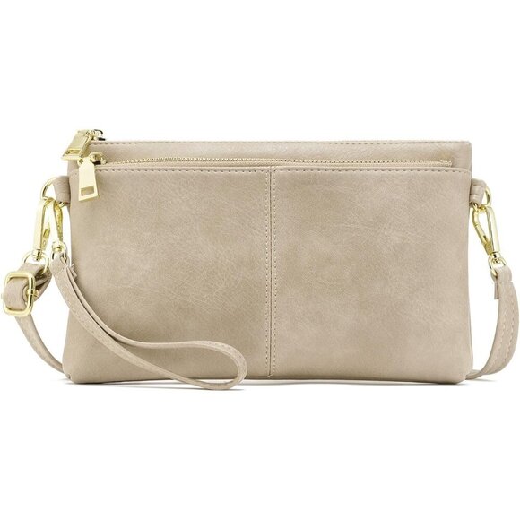 Handbags - ⚡Women's Lightweight Tan Triple Zip Vegan Leather Clutch Wristlet Bag